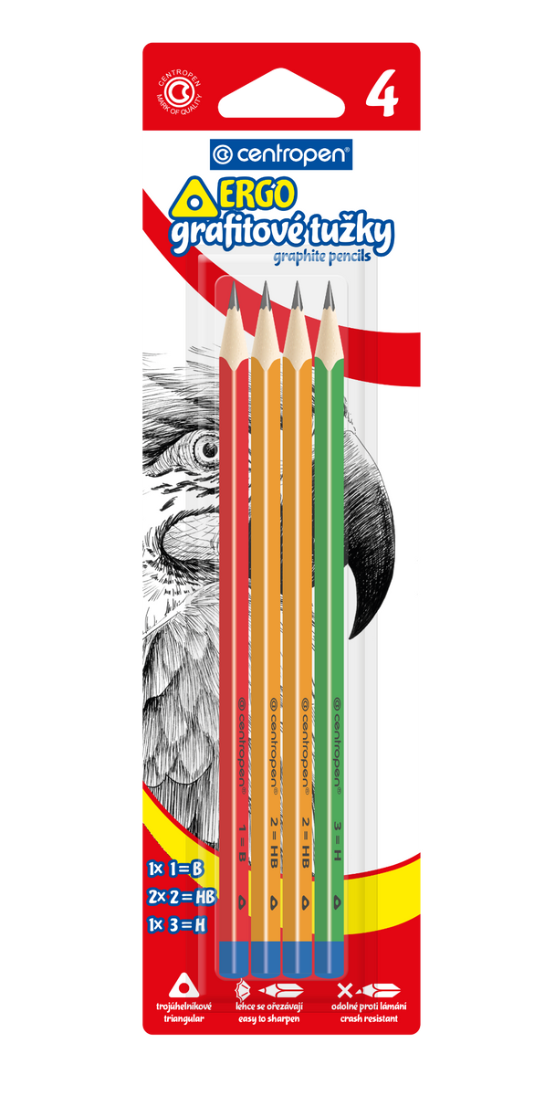 Ceruzky grafitové – trojhranné, sada 4 ks (1B, 2 × 2HB, 3H)