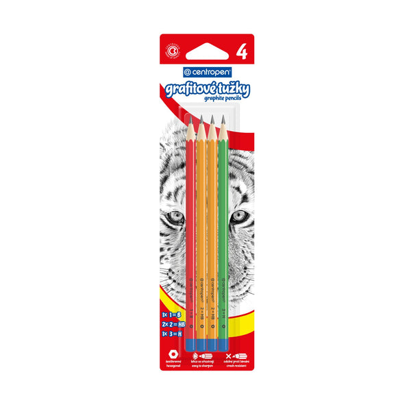 Ceruzky grafitové – šesťhranné, sada 4 ks (1B, 2 × 2HB, H)