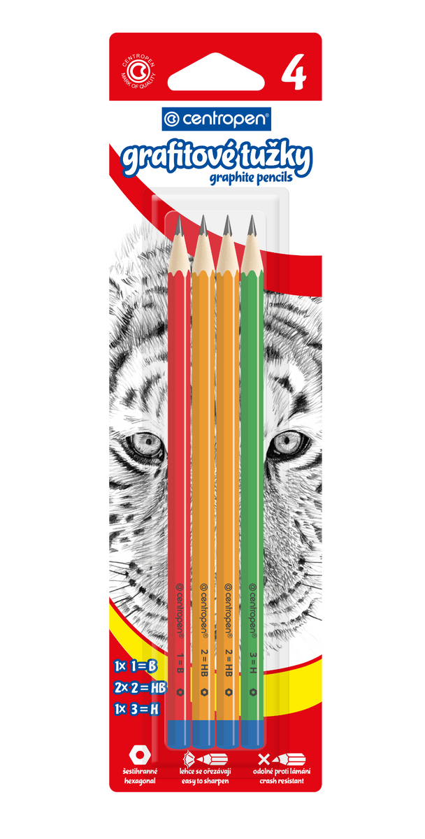 Ceruzky grafitové – šesťhranné, sada 4 ks (1B, 2 × 2HB, H)
